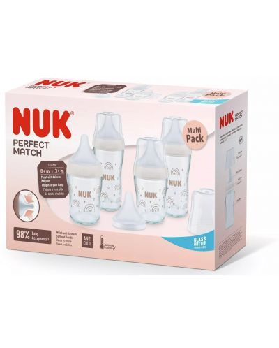 Комплект стъклени шишета Nuk Perfect Match - Temperature Control, 5 части, Дъга