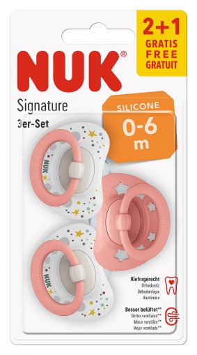 Силиконова залъгалка NUK Signature, Бял/Розов, 0-6 м, 2+1 бр