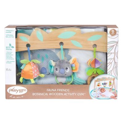 Активна гимнастика с дървена арка Playgro Fauna Friends, с три свалящи се играчки и подплатено кръгло килимче, 0м+