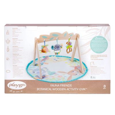Активна гимнастика с дървена арка Playgro Fauna Friends, с три свалящи се играчки и подплатено кръгло килимче, 0м+